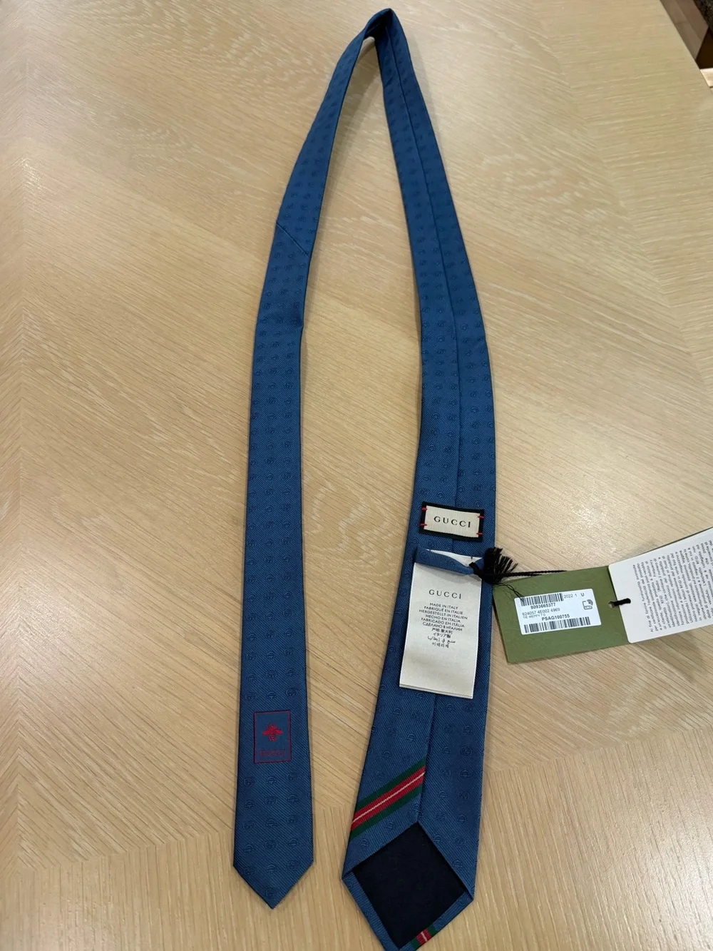 Gucci Blue Silk Tie with Green-Red Stripe Accent. Authentic